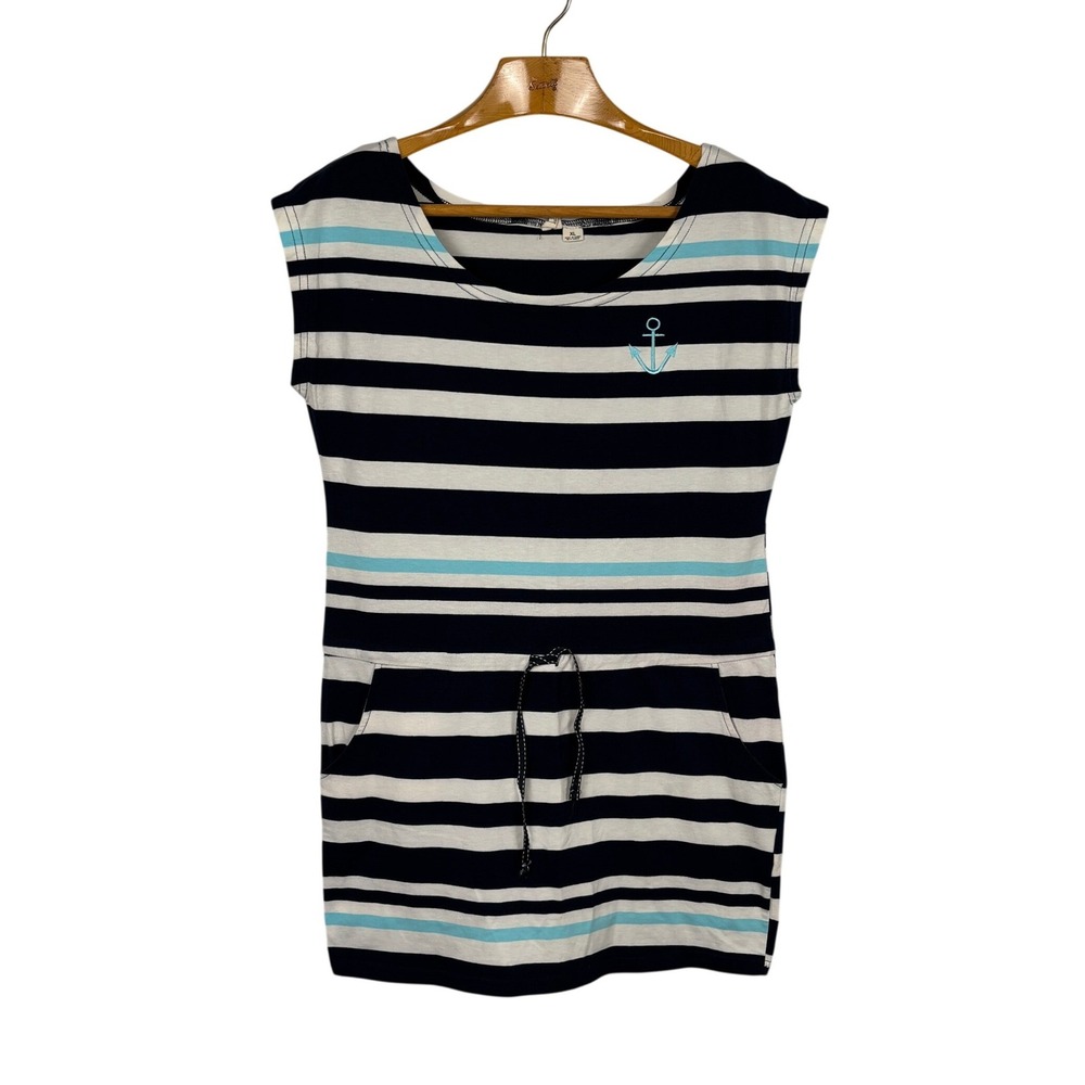 Beach by Exist Nautical Striped Anchor Dress XL Navy White Coastal Pockets